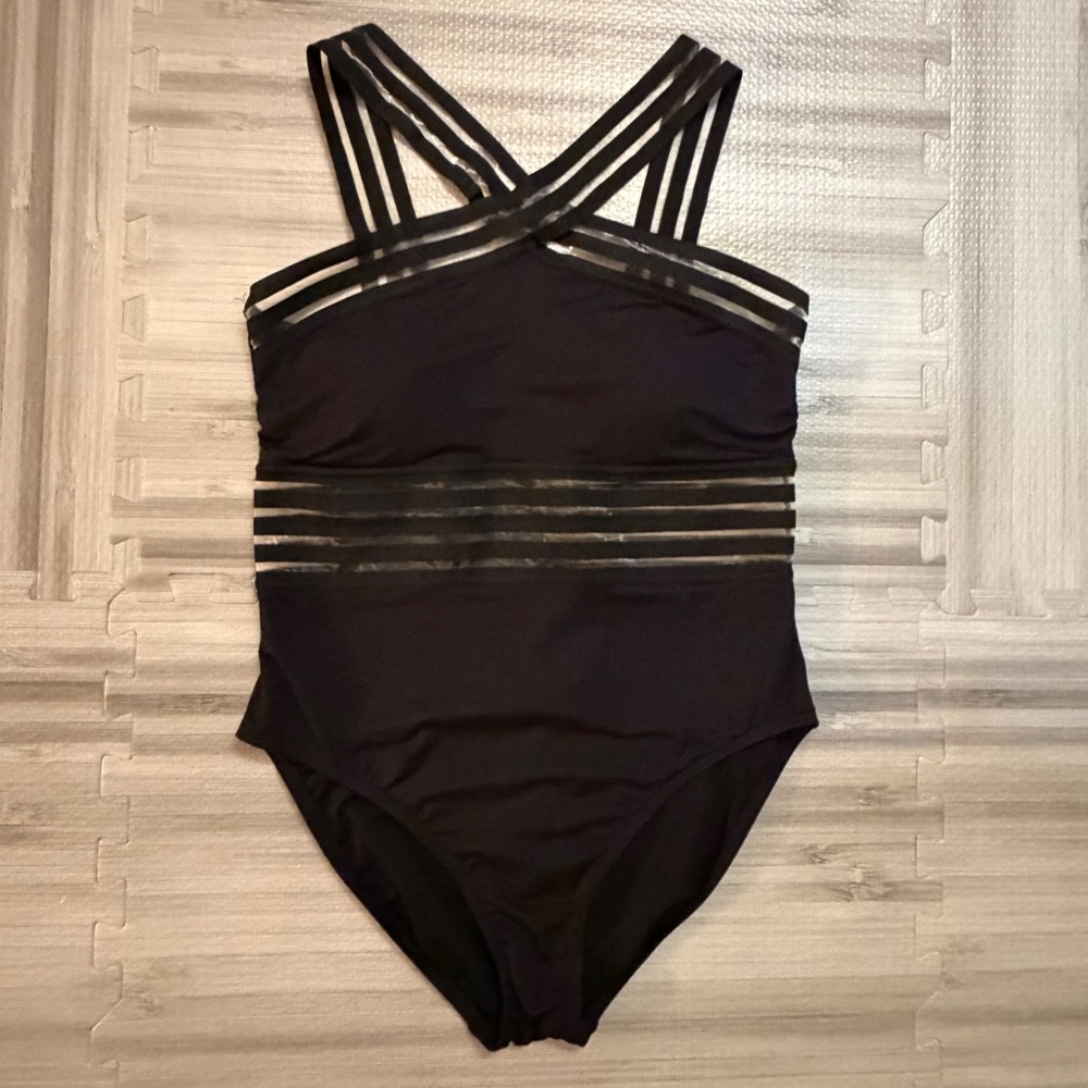 Kenneth Cole One Piece Swimsuit Womens Medium Black Mesh Stripe‎ High Neck Strap